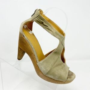 Coclico Women's Green T-Strap Peep Toe Pumps Size 39 Wood Platform Back Zipper